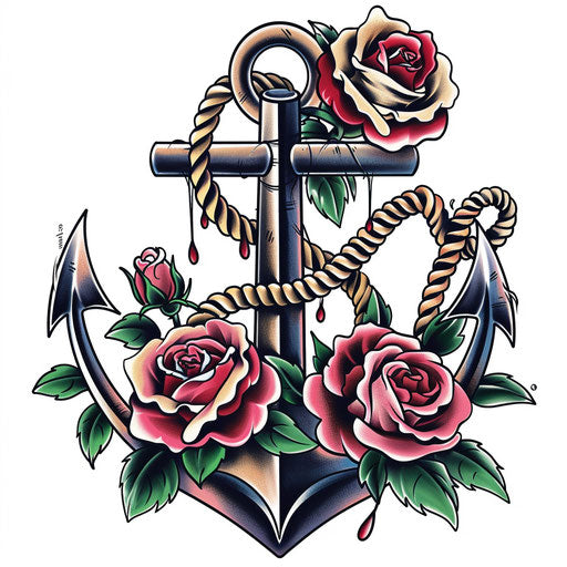Nautical rope and anchor tattoo with roses on white background