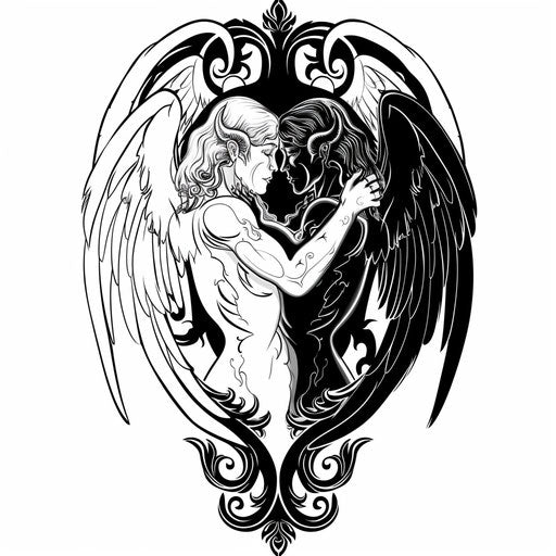 Flat tattoo sketch of an angel and devil embracing