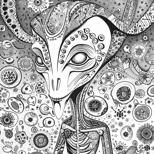 Alien with intricate patterns and hidden creatures