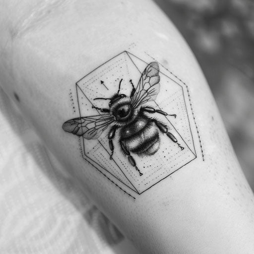 Bumble bee tattoo in geometric frame on white background