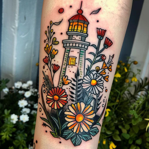 Wildflower tattoo with lighthouse, nautical theme, bright colors, guiding light