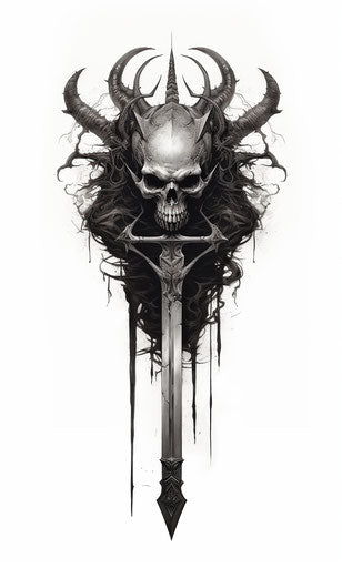 Demon on a sword in black and white drawing