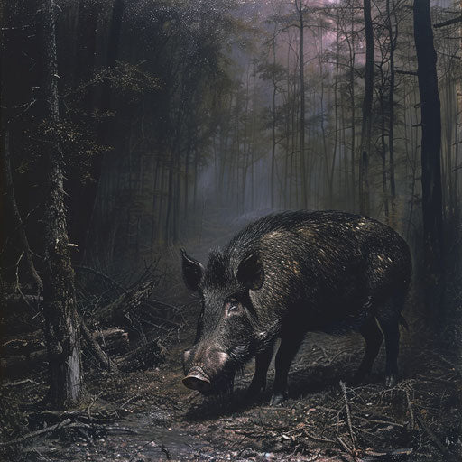 Wild boar in a dramatic forest setting, in the style of Frans Lanting