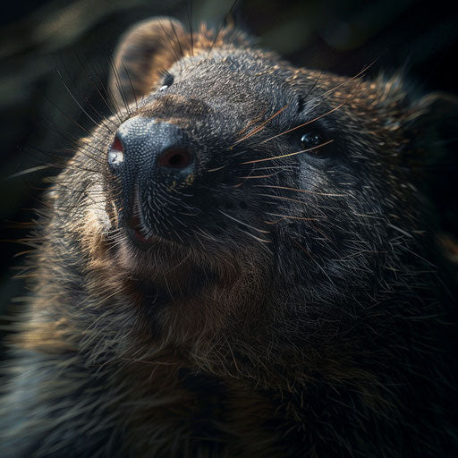 Expressive face of a wombat in a shadowy forest