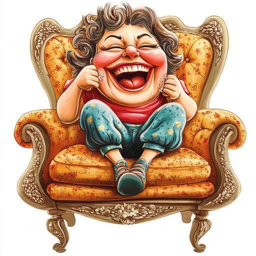 Humorous caricature of a perfume caricature with human characteristics, exaggerated rosy cheeks, expressive hands, sitting on a couch, vibrant colors, cartoon style, laughing, high resolution, backgroundless, isolated