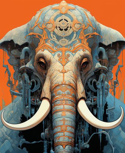 Elephant head adorned with oblong ornaments, light orange and sky-blue style, traditional poses, lively facial expressions