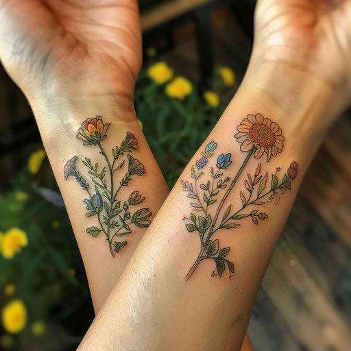 Mother-daughter tattoos of delicate flowers, Merian-style, wrist