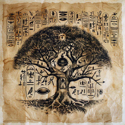 Egyptian tree of life tattoo drawing with hieroglyphs on white parchment