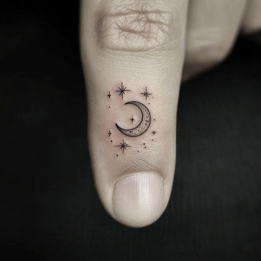 Tiny finger tattoos inspired by David Palumbo with delicate celestial stars and moons