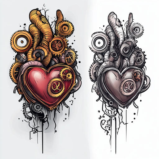 Steampunk heart tattoo sketch with gears on hand