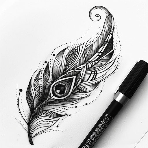 Tribal peacock feather tattoo sketch with bold black lines and native patterns