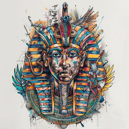 Flat tattoo sketch of a pharaoh with colorful, detailed Egyptian gods and goddesses