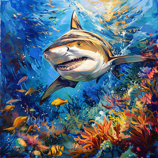 Bull shark flying through the ocean with vibrant marine life