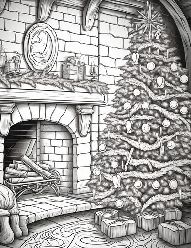 Christmas tree by the fireplace, layered composition