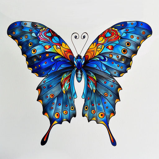 Blue butterfly with abstract patterns and bright colors
