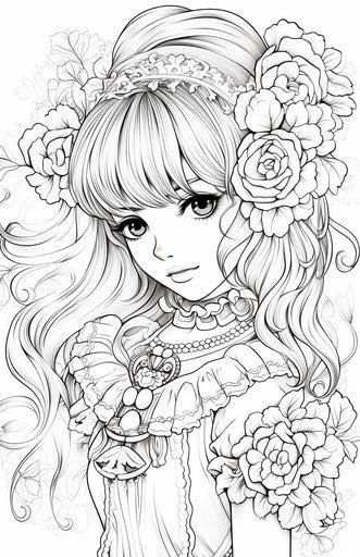 Coloring page of cute anime girl, dark gold and light aquamarine style