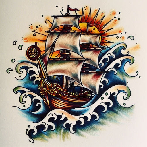 Classic nautical theme tattoo with ship, compass, and waves