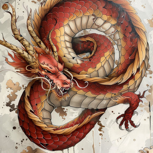 Fierce dragon neo-traditional tattoo, red and golden scales on white canvas