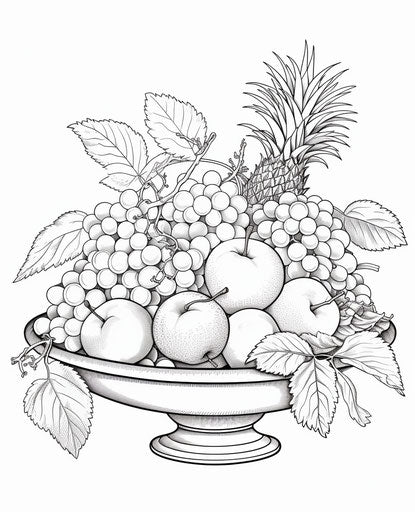 The fruit bowl coloring page with realistic colorful fruits