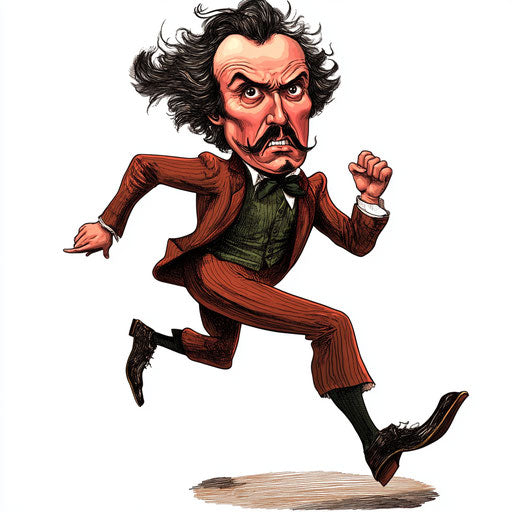 Humorous caricature of a John Wilkes Booth caricature clipart with human characteristics, exaggerated rosy cheeks, toes feet, running, vibrant colors, cartoon style, frowning