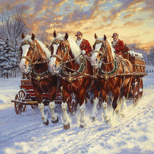 Clydesdales adorned in holiday attire pulling a wagon through a snowy field