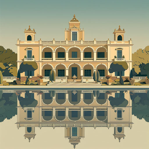 Realistic depiction of a palace on flat olive background