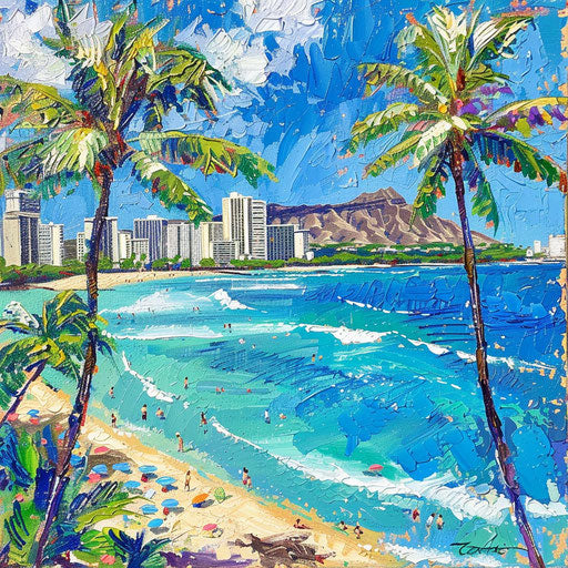 Waikiki Beach with vibrant blue waters and palm trees