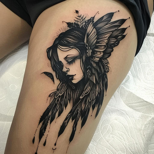 Mental health tattoos in the style of Gerald Brom with dark fairies and hopeful themes