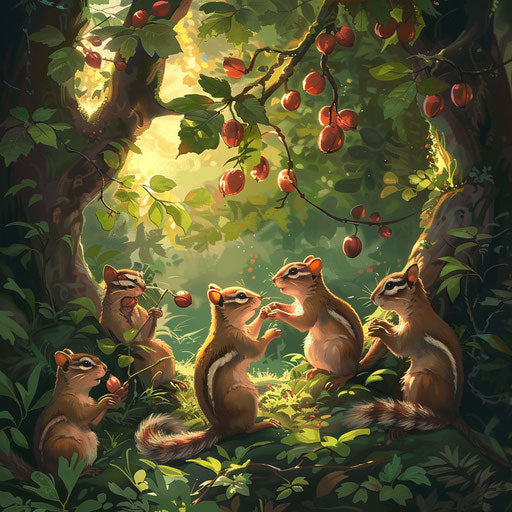 Chipmunks gathering nuts in a lush forest