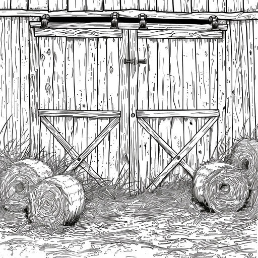 Wooden barn doors and hay bales stacked outside