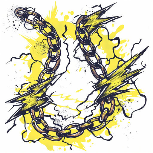 Electric chain tattoo with bright yellow lightning bolts on white