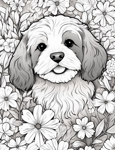 Dog in a flower surrounded by flower coloring pages