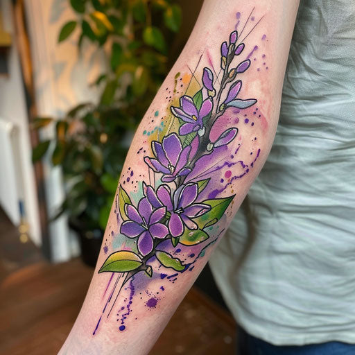 Expressionist lilac tattoo with bold color splashes and emotional depth