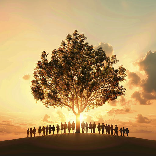 Growth and support: silhouette of a diverse group of individuals forming a tree