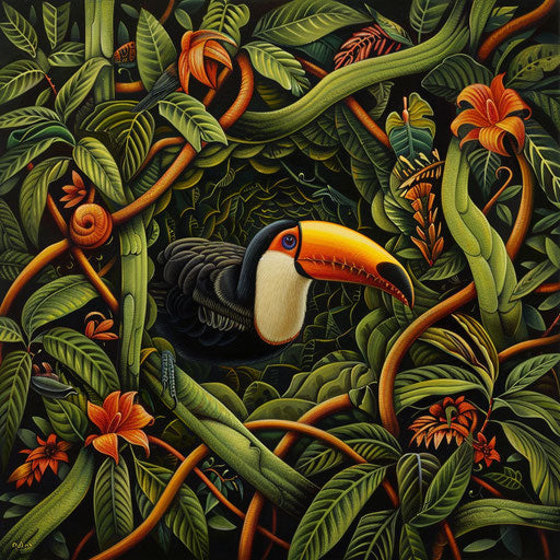 Toucan navigating through a tropical jungle