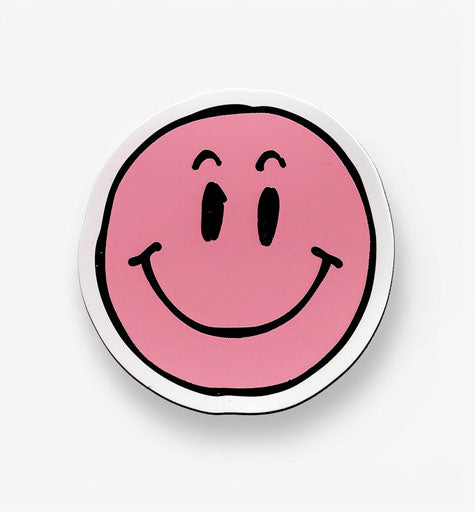 Pink smiley face sticker with black outlines