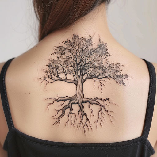 Nature-themed spine tattoo illustration, featuring a tree with roots and leaves, on a white base.