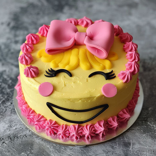 Smiling face with winking eye and pink bow cake design