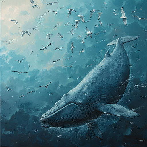 A blue whale with seabirds diving for fish in the style of Marsel van Oosten
