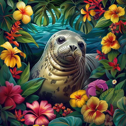 Hawaiian monk seal among vibrant tropical flowers