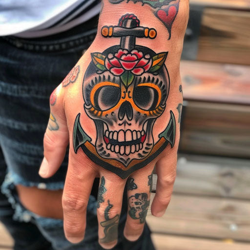Skull hand tattoo in the style of Sailor Jerry featuring traditional anchors