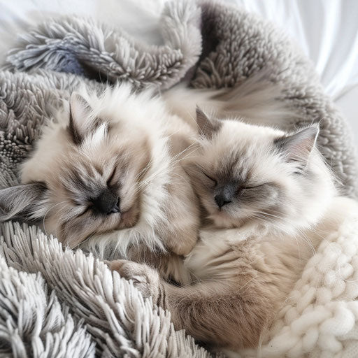 Pair of Himalayan cats sleeping together on a plush blanket