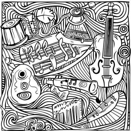 Music-themed coloring page with notes and instruments