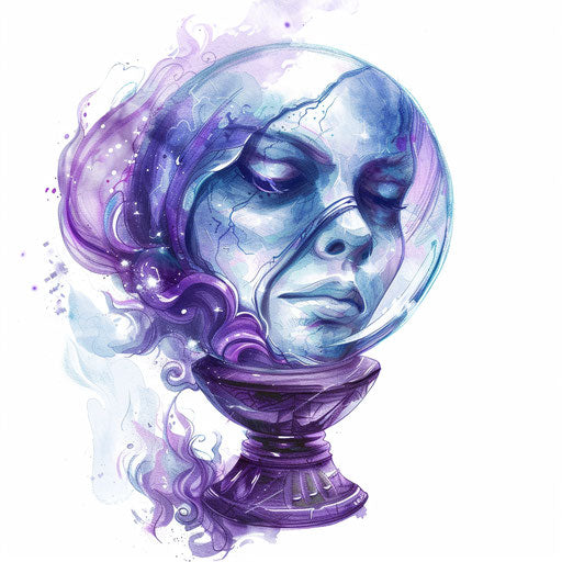 Mystic tattoo sketch of a crystal ball with a phantom face inside