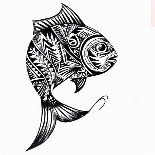 Drawing of a Polynesian fish tattoo, authentic patterns on white background