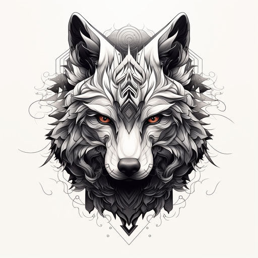 Beautiful black and white wolf head in tribal style