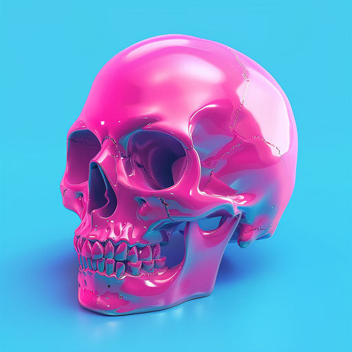 Pink skull on blue background, cartoon-like style, shiny eyes