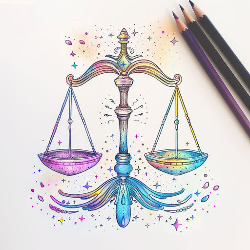 Flat tattoo sketch of Libra sign, in pastel colors and symmetrical design
