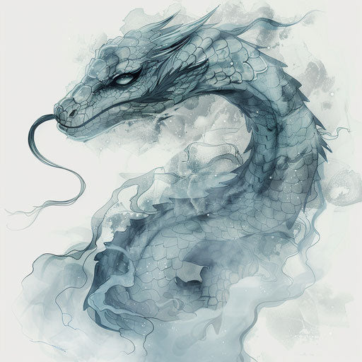 Eerie flat tattoo sketch of a serpent emerging from mist