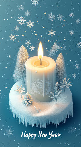Snowy candle with trees in a winter landscape
